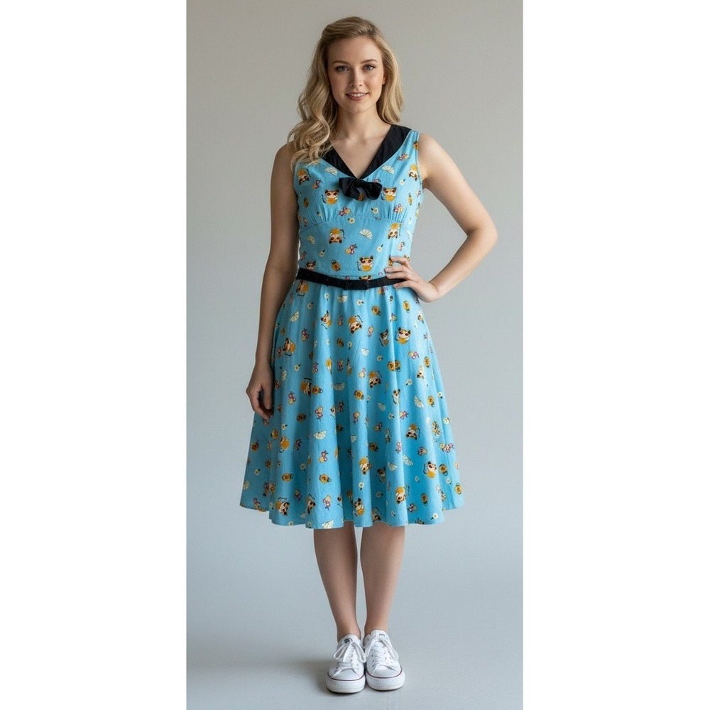 Voodoo Vixen Dress XL Blue Asian Cats Tiger Floral Rockabilly Belted Swing Pinup